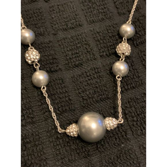 Ann Taylor Necklace Silver Toned and Rhinestone Balls 40" - Picture 2 of 5